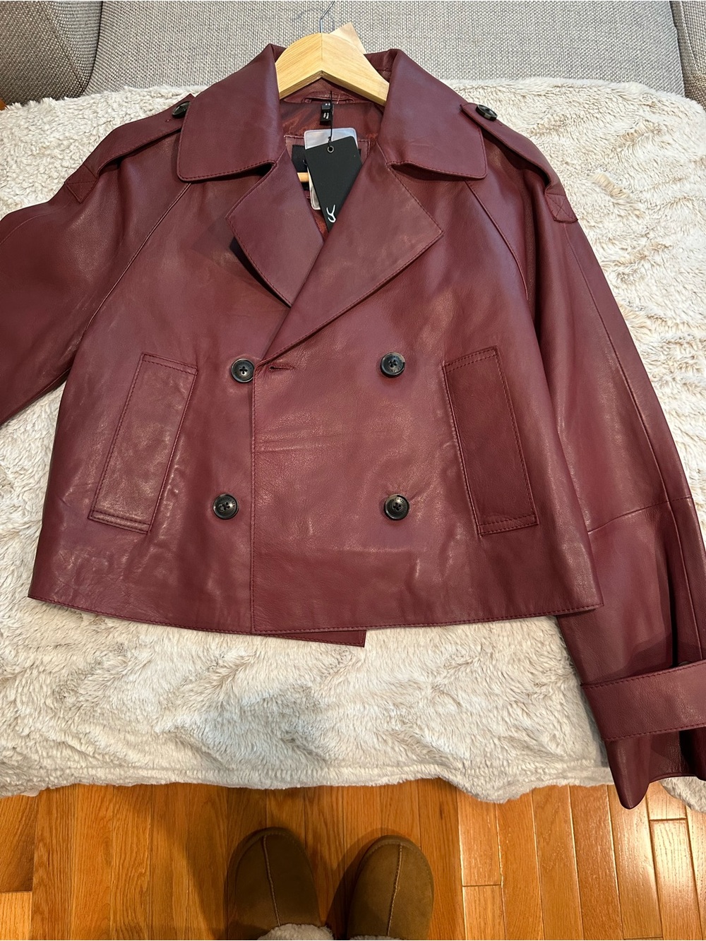 Women's Burgundy Leather Double-Breasted Short Trench Jacket